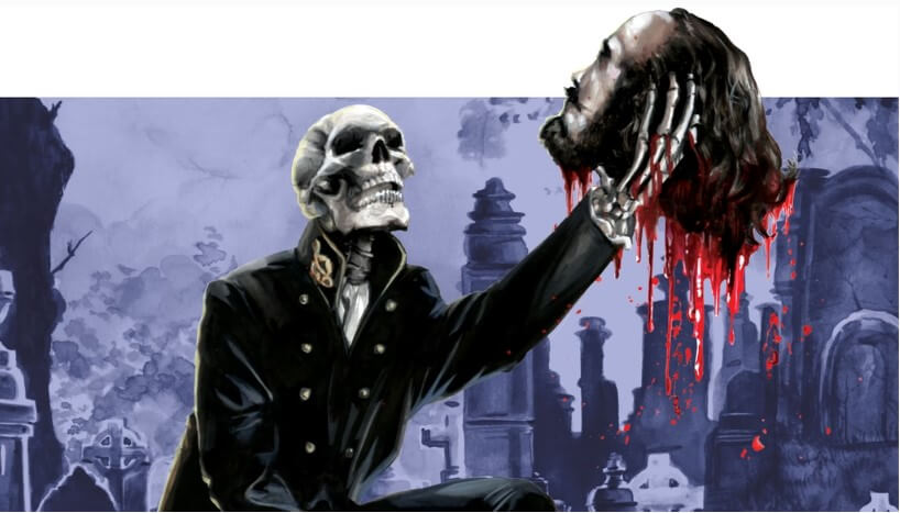 A skeleton in a suit in a graveyard holds up the severed head of a person that resembles William Shakespeare