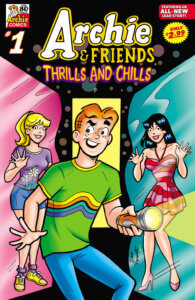 Archie Andrews, a white thin redheaded teenager; stands in a black void while wearing a green teeshirt with rainbow-striped cuffs and sleeves as well as across the middle. He wears blue jeans and holds a glowing lantern. Behind him there is a yellow door, and to his right and left are his girlfriends, blonde thin white teenager betty cooper and brunette thin white teenager veronica lodge. Betty's wearing a purple teeshirt and denim shorts while veronica wears a red and pink-striped sundress with a halter top. Archie looks curious as he looks to his left; both veronica and Betty appear to be trapped behind the glass of a funhouse mirror, and betty's is pink while veronica's is blue