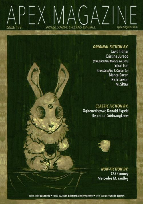 Cover of Apex Magazine issue 129, with an illustration by Luka Brico of a rabbit holding a teacup.