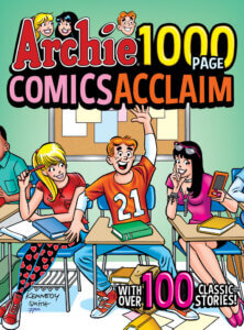 Redheaded teenager archie andrews sits in a classroom. A bulletin board is visible behind his head, and he sits at a desk with a green-covered book before him. He wears an orange football jersey with the number 21 in white emblazoned on it, and wears blue jeans. To his right is white thin blonde teenager Betty cooper, who watches him with amusement from her desk. Betty's desk is much more cluttered, with a white pad and a blue-covered d book. She holds a red pencil to her temple and sports pink flower-covered leggings on a black background and a red shirt. To Archie's right is Veronica Lodge, a thin white brunette teenager wearing a fuchsia top and a black skirt. She holds her phone in one hand and is ignoring the yellow book on her desk. She has a pair of sunglasses perched atop her head.