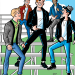 In a visual parody of the Summer Lovin' number from grease, redheaded white teenager Archie Andrews is dressed like leather-sporting Danny Zucko from the film. as he regales all of his fellow male riverdalians on a set of bleachers. The sky is blue with a single cloud in it and the grass is green