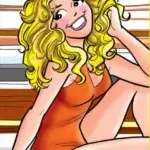 blonde white thin teenager betty cooper wears a one-piece orange swimsuit, poses before a striped blanket, and has long hair a'la farrah fawcett's famous pin-up