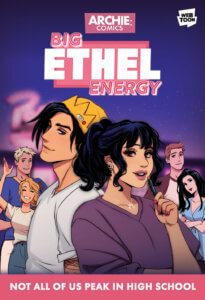 Dark haired Ethel Mugs wears a purple sweatshirt and stands back-to-back with brunet Jughead jones, who wears a white teeshirt and a yellow fool's cap. Behind them, other 20somthing versions of the riverdalians pose and smile before a night sky. In the distance, the blurry neon sign for Pop's can be seen in the background