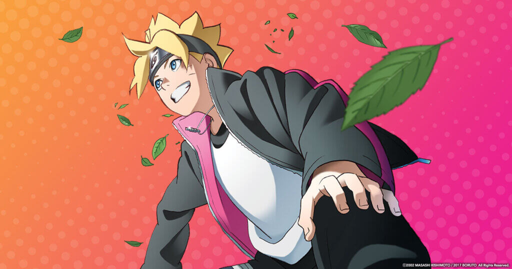 splash image of boruto facing left against red orange gradient background