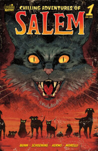 The face of Salem Saberhagan, a black cat, hovers with its mouth open and yellow eyes wide over a blood red sky. A variety of animals loom shadowed under his head, their eyes glowing yellow