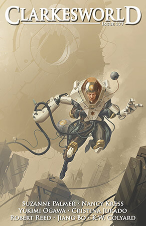 Cover of Clarkesworld issue 177. Illustration shows a figure in a spacesuit leaping across a futuristic world.