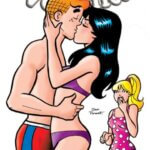 white thin redheaded teenager archie andrews kisses white thin brunette teenager veronica lodge. Veronica's long hair shines in the light and she gently holds on to the sides of Archie's head. Archie's wearing a red and blue striped pair of swim trunks and veronica's wearing a violet swimsuit. Reacting in shock to their buss is white thin blonde teenager Betty Cooper, who wears a pink one-piece polka dotted swimsuit.
