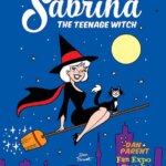 In a visual parody of the opening credits of Bewitched, white-haired thin white teenager Sabrina spellman sits on a broom which trails white stars. She wears a low-cut black dress that comes down to her knees and is long-sleeved. Her red-lined black cape billows in the wind, and atop her head she wears a black pointed witch's hat with a red sash. Before her, her black and white cat familiar, salem, perches on the broom. They're flying high in the air against a star-spangled night sky with a full moon in the sky. Purple city buildings also loom in the distance
