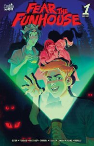 An adolescent Archie Andrews - a white preteen with red hair- holds a flashlight up to his face and holds out his right hand in a menacing way. The beam of light refracts up from the flashight to cast a green glow on Archie's face and that of Jughead jones, who has shaggy brown hair and wears a grey fool's cap and a red shirt, and holds a bite of a burger in his mouth. Behind and to the right of him, white teenagers betty cooper and veronica lodge, the former a blonde girl with her hair in a ponytail and the latter a brunette, cower back in fear, their faces shaded in red. Red eyes gleam to Archie's left and right, and the background is thrown into a shade of purple