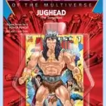 In a mock-up of a masters of the universe backcard and figure, a figure of jughead the burgarian stands glowering