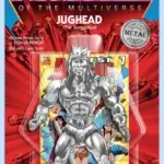 In a mock-up of a masters of the universe backcard and figure, a figure of jughead the burgarian sits, glowing silver