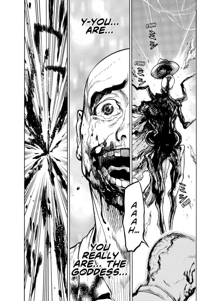 A man confronts a creature that is frightening to him.