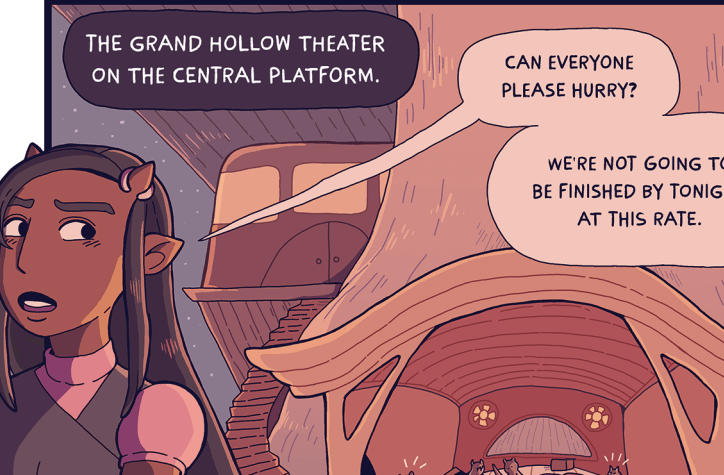 A clipped image from the first page of The Golden Boar webcomic that shows main character Merro, a young woman with long dark hair, two horns, and a ring around one horn, standing in front of a panel that shows students setting up on a theater platform.