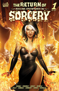 Madame Satan, a white woman with grey streaked brown hair, smirks confidently at the viewer, black horns protruding from her head and sporting a black dress. Behind her, flames decorate her throne, spark up from her breasts and the throne behind her