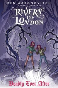 Two pink haired women walk through a desolate forest, encountering a large book. There are tentacle like branches reaching out the book, which causes both of the women to be scared. 