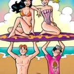 White thin teenagers Archie Andrews and Jughead Jones hold their female friends aloft over their heads on a purple and yellow-striped surfboard. Archie is bare-chested and red-headed and wears a pair of black swimtrunks. Brunet Jughead wears green board shorts and a magenta shirt as well as his signature grey fool's cap. On the board thin white teenagers Veronica Lodge and Betty cooper perch and pose, leaning on each other playfully. Brunette veronica's long hair blows in the breeze and she wears an orange bikini; blonde betty has her hair in a ponytail and she's wearing a pink-and-white-striped swimsuit. The sky is blue and clear and filled with clouds and there is an ocean and beach behind them