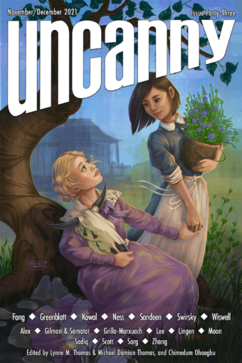 Cover of Uncanny Magazine Issue Forty-Three. Illustration shows two women hand in hand, one holding a pot of flowers, the other holding a horned animal skull.