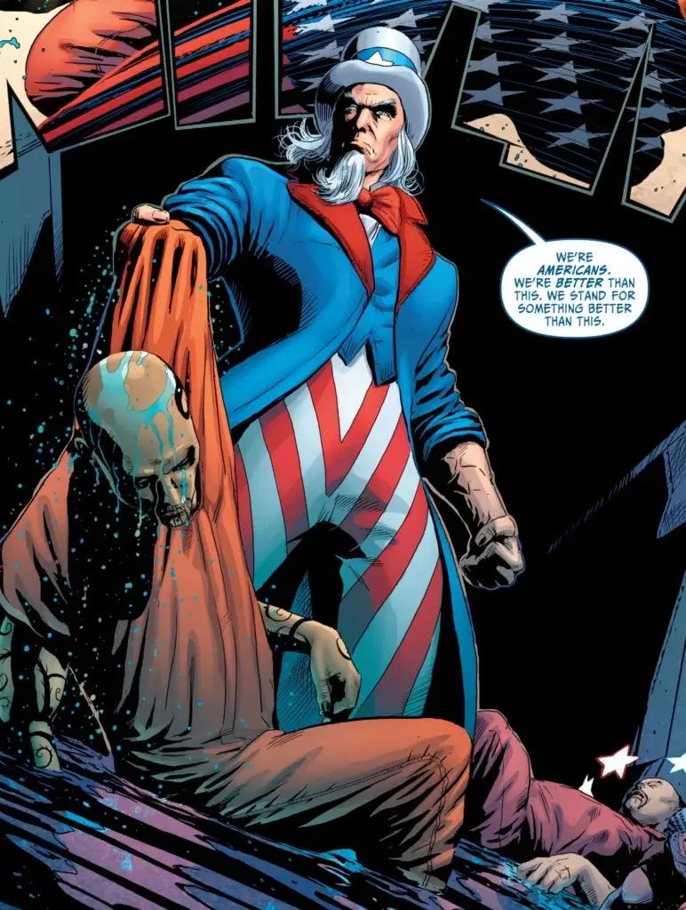 A comic panel of a character modelled after Uncle Sam
