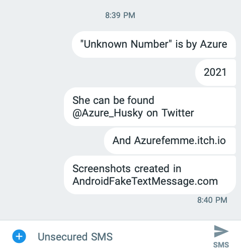 Screenshot from Blue Neustifter's Twitter story "Unknown Number".showing the author's tag (@Azure_Husky) and Itch site (Azurefemme.itch.io)
