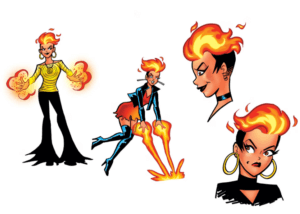 Sketches of Amber Nightstone, a thin teenager with a flamelike head of hair. She wears dramatic tapered black pants,a yellow long-sleeved top, an orange mini-dress and a black leather jacket with boots