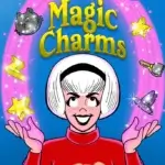 In a parody of the front of a lucky charms box, white-haired thin white teenager sabrina spellman stands before a cauldron in a white sweater. She holds up her palms and over her head pink, glittery arc over his head with little witchy symbols appearing in the appearance. Over her black-headbanded hair the words 'magic charms' appear in golden letters
