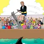 In a parody of an infamous moment on the sitcom happy days, white, redheaded thin teenager archie andrews jumps over a shark's fin in a large pool while wearing a black leather jacket, blue swim trunks and a white teenager. He's on waterskis, wears a life vest, and is being pulled by a boat. In the stands behind him his friends cheer him along in delight