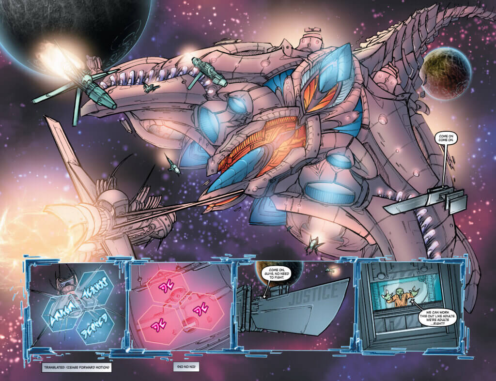 A giant spaceship looms over a planet