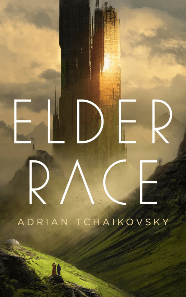 Cover of Elder Race by Adrian Tchaikovsky. Illustration shows a tower looming over a hilly landscaoe.