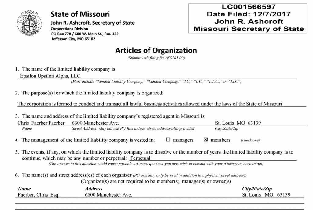 State of Missouri Articles of Organization