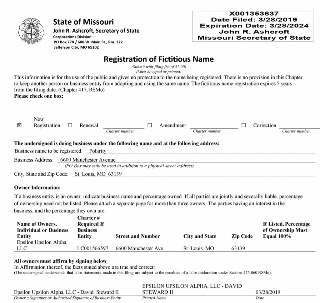 State of Missouri Registration of Fictitious Name