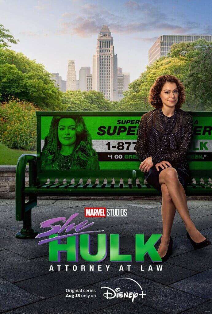 Tatiana Maslany as Jennifer Walters/She-Hulk sitting on a bench advertising She-Hulk as a superhero. lawyerplayed by Tatiana Maslany - Image Courtesy Marvel Studios - featured image
