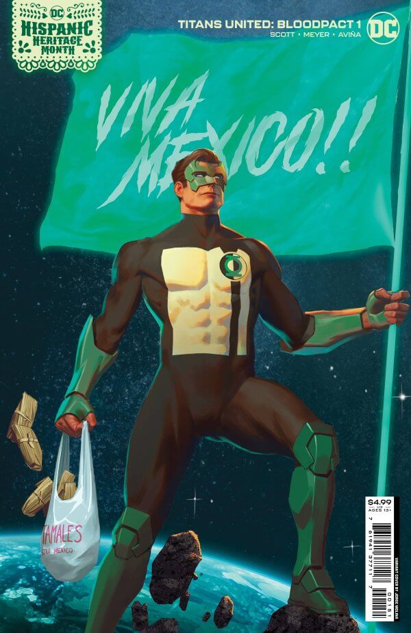 The Hispanic Heritage Month variant to Titans United: Bloodpact #1, featuring an altered version of Jorge Molina's artwork, from which his name has been removed.