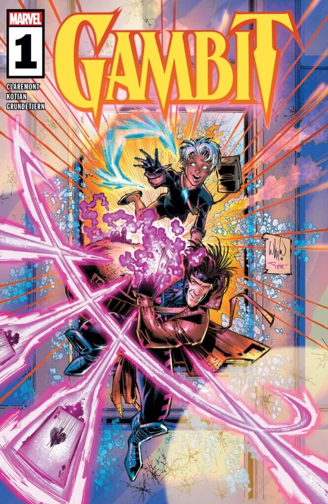 Gambit and Ororo munroe in kid form blast toward the reader with pulsing beams of fire and energy all around them