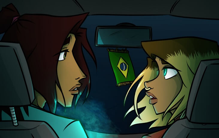 Lúcio and Sonia, both aglow from their powers, sit together in a car with trepidation on their faces.