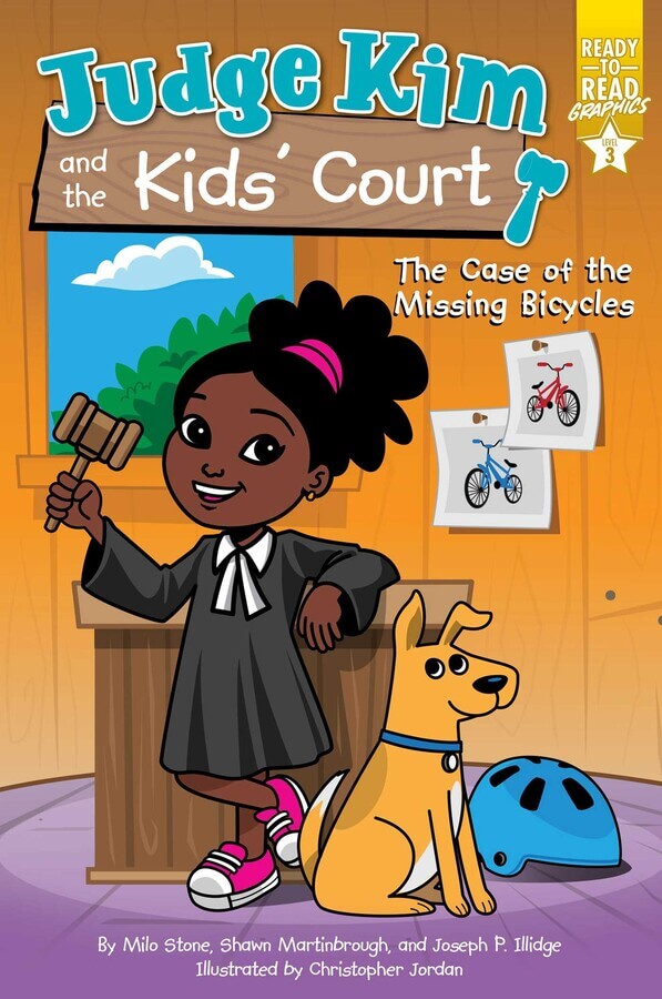 A young Black girl wearing a black judge's robe smiles, holding up a gavel. A golden dog sits happily beside her