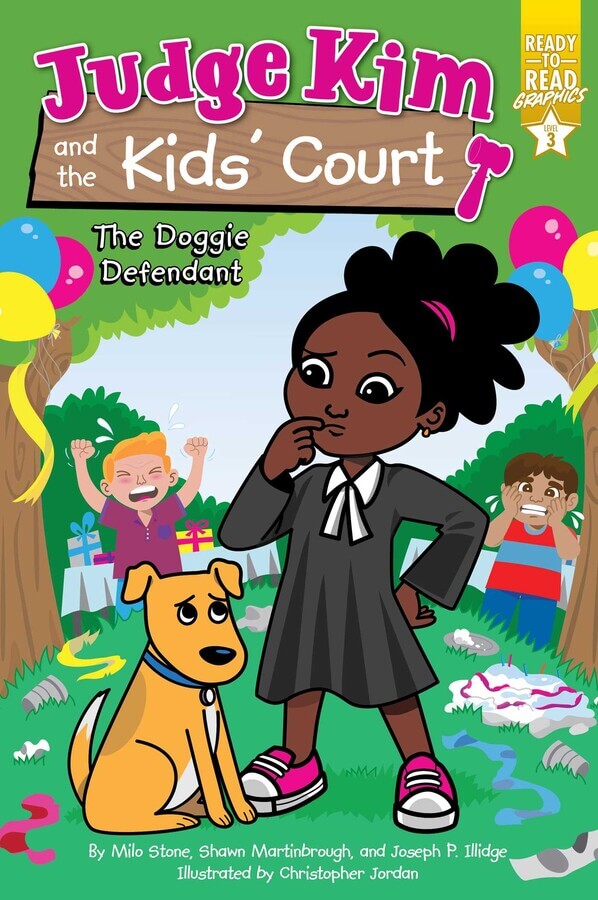 A young Black girl dressed in a black judges robe ponders what to do with a guilty looking dog. Behind them, two children are crying