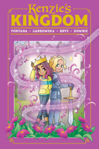A young girl wearing a crown stands back to back with a young blond knight in armour holding a sword. They have big cute eyes and are surrounded by swirling flowers