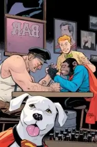 Beppo and Bibbo arm wrestling while Krypto and Jimmy watch