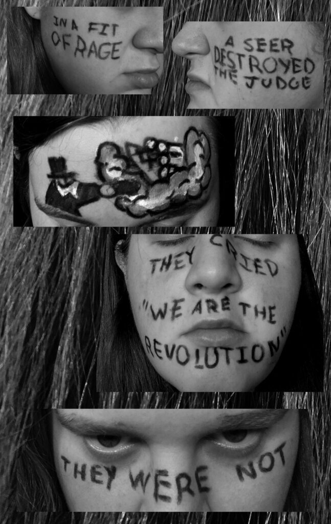 A sample page of Bread Tarleton's work in Meandering Realms shows black and white photography of face paint for each panel.