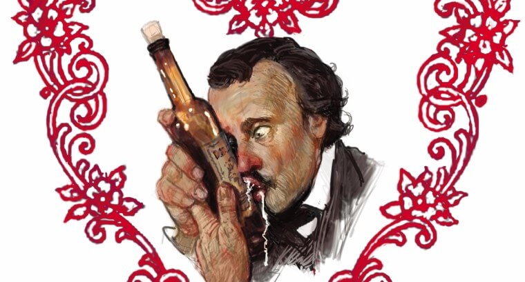 A painting of a drooling Edgar Allan Poe kissing a liquor bottle, surrounded by a heart