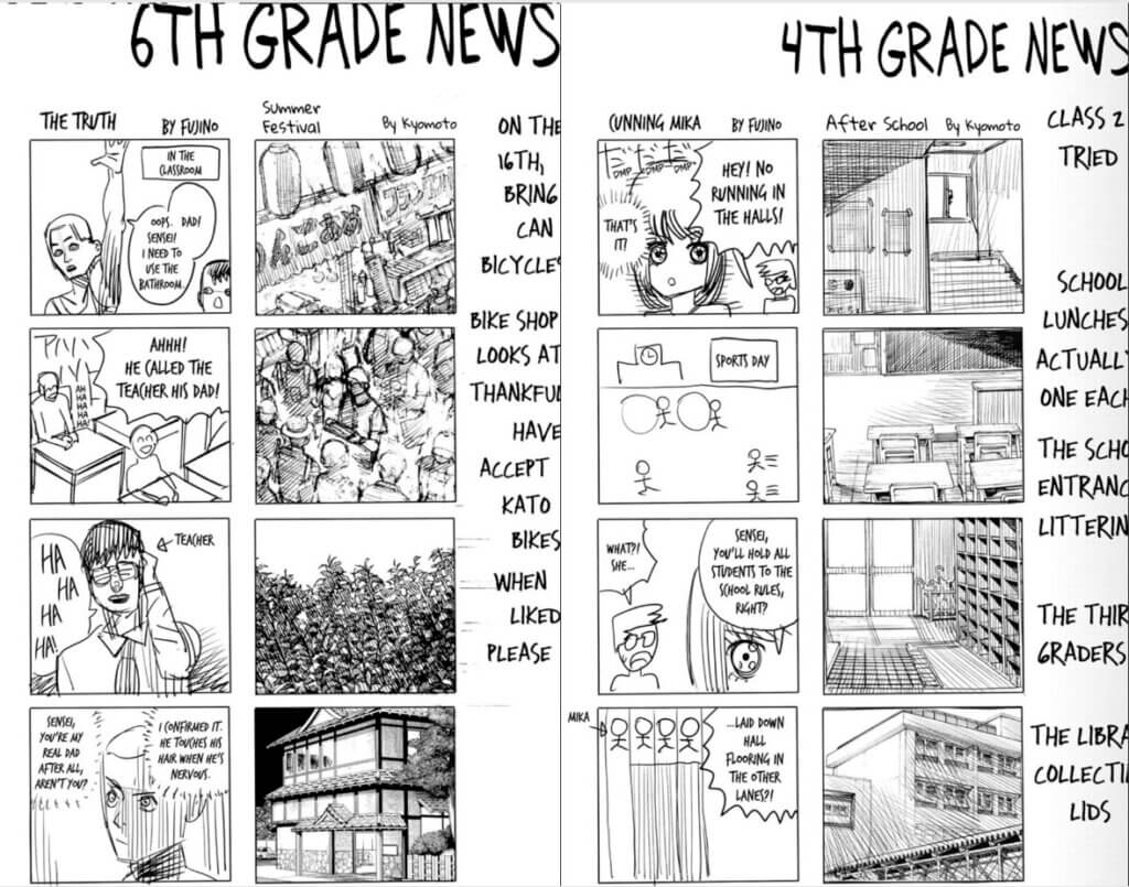 Two pages, from different parts of the manga. On the right is the 4th grade news with cut of headings. The first four panel comic has four very realistic looking black and white drawings of a stairwell landing with posters on the walls and a window present, the interior of a classroom with tables and chairs facing the blackboard. The entrance of a japanese styles school with cubbies for shoes on the right; the extier of the school in faiding light and with windows that swing open. It's titled After School by Kyomoto. The next series is called Cunnig Mika by Fujino and has a person saying "hey no running in the halls" to the person int he foreground. the next panel says "sports day" and has stick figures pushing large circles; the next image is a simple drawing that says "sensie, you'll hold all the studnets to the schoool rules right? then the teacher saying what?! she, then the last panel is the character Mika as a stick figure in a race competition but she's the only one with non-hall flooring in her late. The left half is a different page with a similar layout. The first on the right is titled "Sumer festival" by Kyomoto and has four realistic depictions first of some outdoor stalls in a Japanese public space followed by some people seen from above but at an angle, a drawing of some plant stalks, and then the exterior of a more traditional japanese style house. The next four panel set is called "The truth" by Fujino. THe first panel has a description box of "in the classroom" with a student raising their hand saying Dad! Oops Sensei I need to sue the bathroom. The next panel has less detailed students saying "ahhh! he called the teacher his dad" and laughter. The next is the teacher holding his head and struggling with an arrow pointing to him saying "teacher" and also laughing along. The last panel is the student looking determined and thinking to himself "I confirmed it. he touches his hair when he's nervous, Sensei you're my real dad after all aren't you"