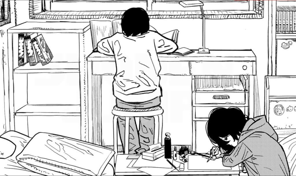 A black and white image of two children working in the same room but in different spaces. one sits on a stool with their back to us in a sweater and dark hair at a desk that faces a window. the other sits facing the left edge of the frame at a low table on the floor. 