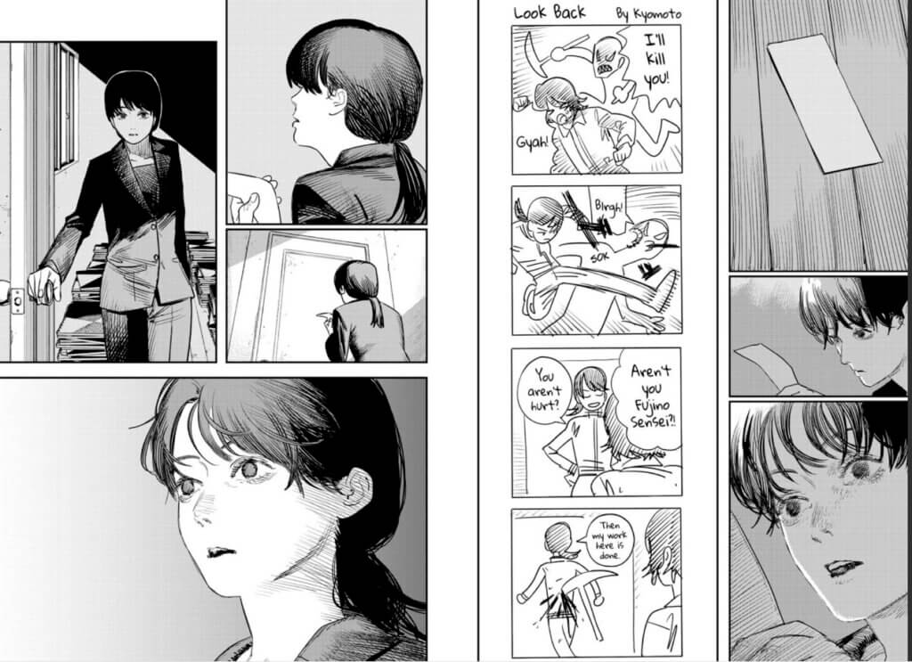 a two page spread of comics panels that read from right to left and top to bottom. They depict in black and white a piece of paper on the ground being picked up by a woman who reads it. the next set of panels is a four panel comic within it that depicts a cartoonish man trying to kill a cartoonish girl who is saved by a karate kicker who defeats the enemy the hero says Are you Fujino sensei, you aren't hurt. the last panel says "thenn my work is done" but the karate kicker has the weapon in her back. the next page's panels have the woman looking up from the paper to the door, a zoomed out shot of that, and then her stepping through the door. the final panel int he bottom left is a shocked but empty looking expression on the woman's face