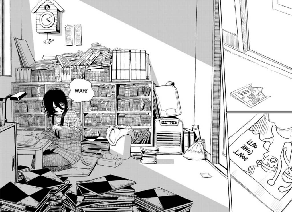 a grey scale single scene image across to pages comprised of three panels. The first is of a torn comic panel sliding under a door. the second is a zoom in of that panel that has angry cartoon people on them saying "Dont come out" the majority of the page is taken up by a detailed illustration of achild's bedroom filled with manga books and notebooks all over the bookshelves and floor. on the far left side is a child with dark hair in a cardigan who looks back and says "WAH!"