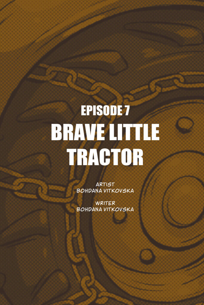 Cover page for the short story "Brave Little Tractor" showing a tractor wheel covered in chains in the background