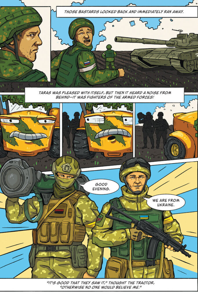 Anthropomorphized tractors doing their part in the war against Russia