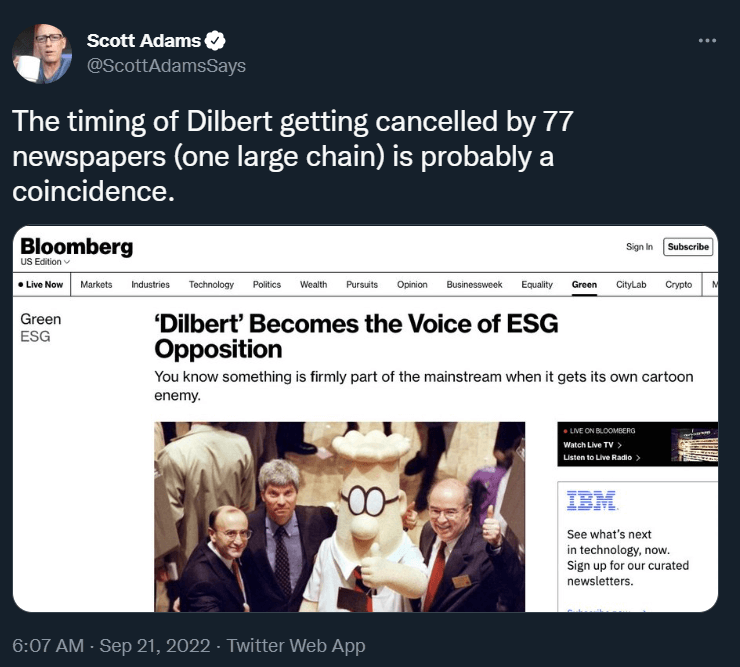 Screen capture of a tweet by Scott Adams, creator of Dilbert, in which he states his strips' cancellation in 77 newspapers is probably a coincidence.