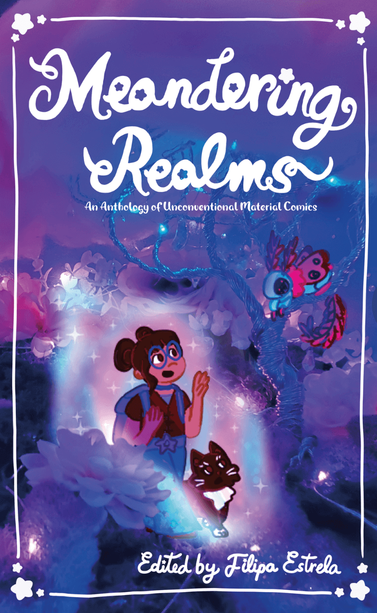 the cover of Meandering Realms shows an adventuring human in a purple and pink landscape, looking excited to encounter a strange beast