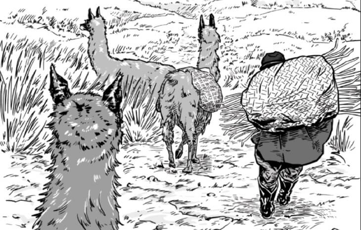 Panel from The Myth of the Condor by Diego Carvajal. In the foreground we see the back of a llama's head, then further two other llamas in the grass. Next to them a person is carrying a large pack over their back.