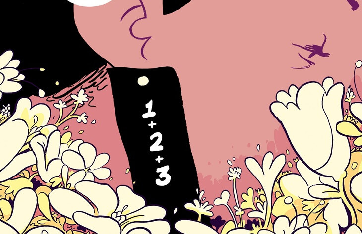 The cover for the collected Four Years, 1, 2, 3. It's a close up of a woman's face in profile, her mouth and nose covered by flowers. On her long earring are the numbers 1, 2, and 3. The cover is a wash of pink skin and white flowers.
